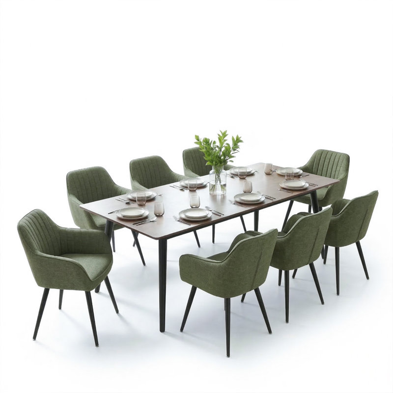 Modern Upholstered Dining Armchairs with Channel Tufted Back and Metal Legs, Green