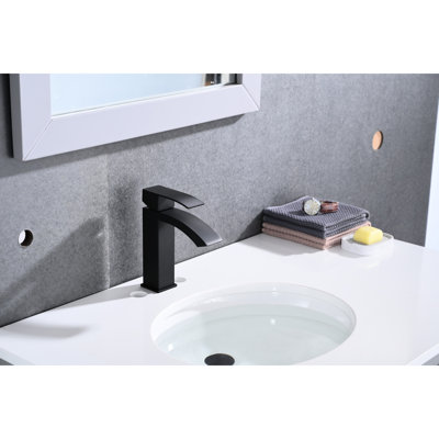Bathroom Sink Faucet With Matte Black Finish And Waterfall Spout - Single Handle Pop-Up Drain  Overflow Attached  Robust Stainless Steel For Performance Easy Installation Appearance Blended