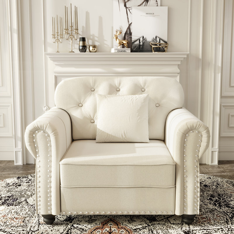 Revêtement en velours rembourré avec garniture cloutée et accoudoirs roulés, Beige et blanc