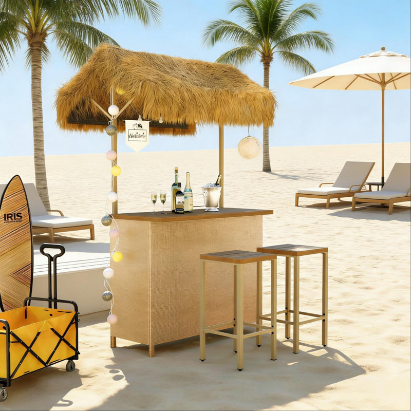 Hawaiian-style Bar Height Patio Set With Pe Grass Canopy