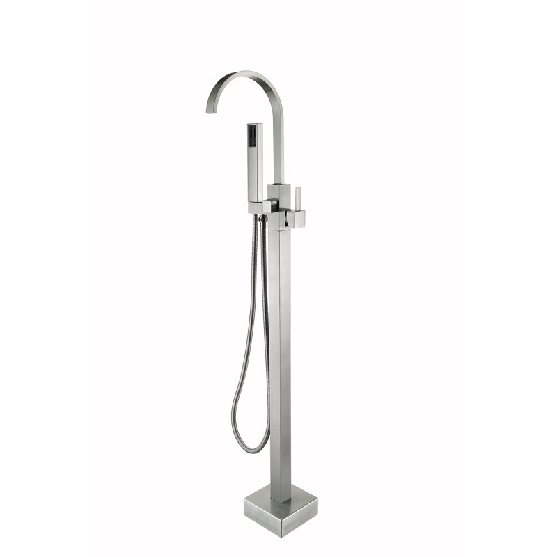 Single Handle Floor Mounted Freestanding Tub Filler with Diverter and Handheld Shower, Brushed Nickel