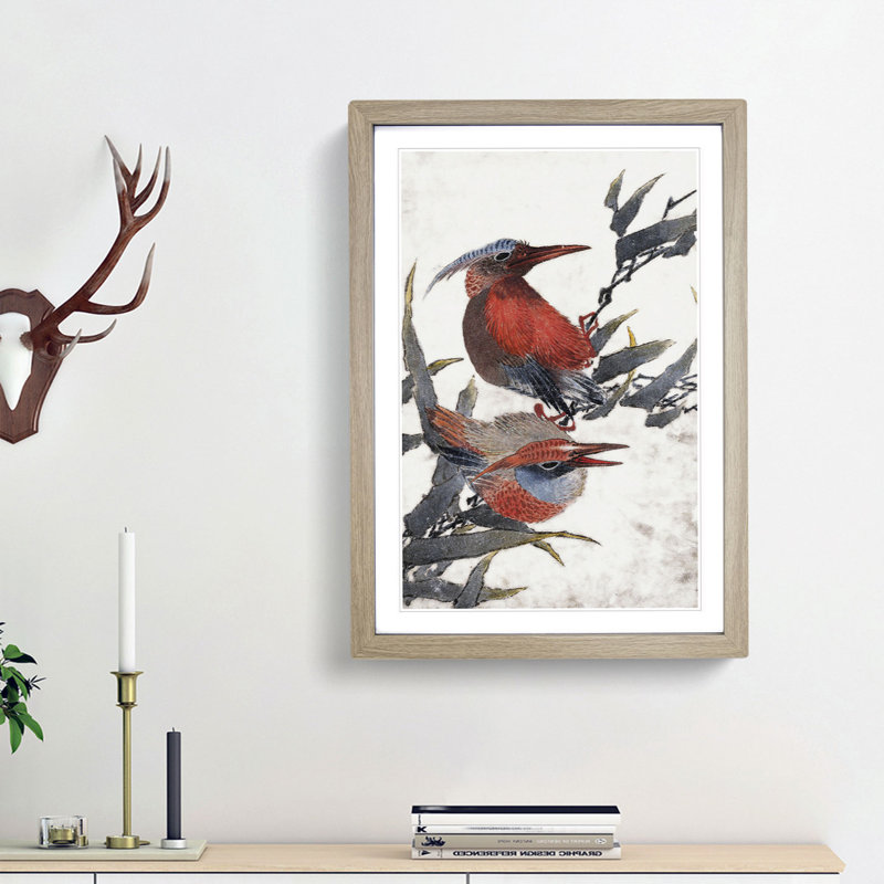Two Birds by Katsushika Hokusai - Picture Frame Painting Print, 36cm H x 27cm W x 2cm D, Oak Framed