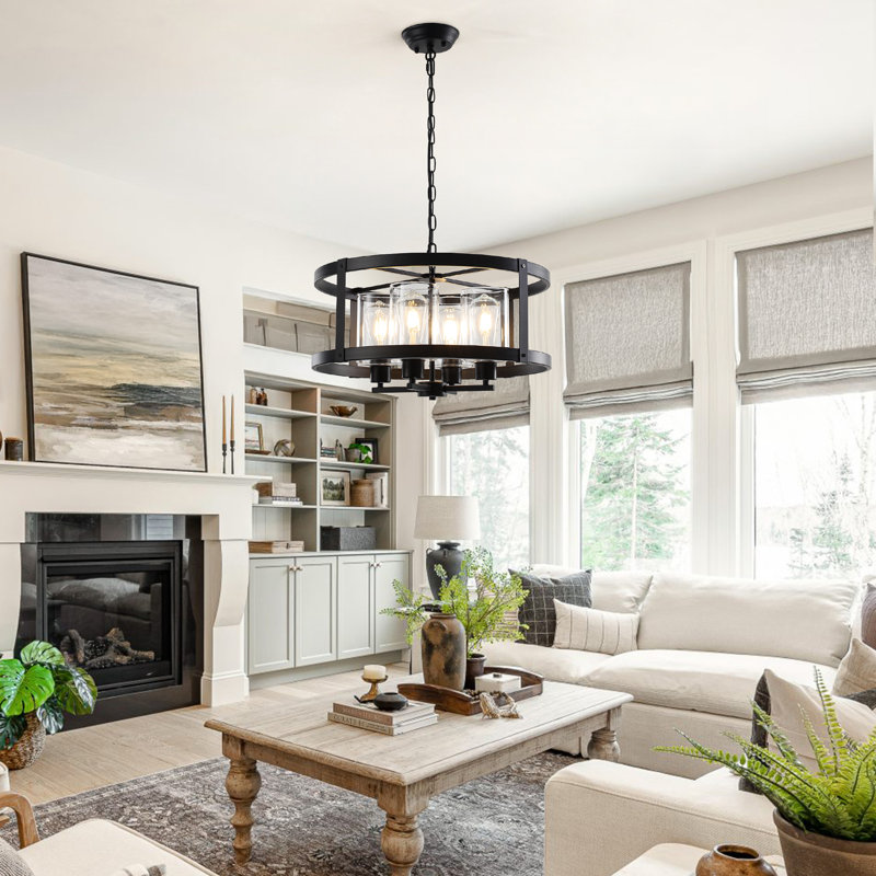 4-Light 20 inch Dimmable Farmhouse Industrial Drum Chandelier with Cylinder Clear Glass Shade, Convertible Semi-Flush Mount Light