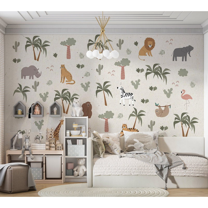 Adhésif mural pelez et collez pour enfants - Dessin de composition de jungle, L 110 po x l 154 po