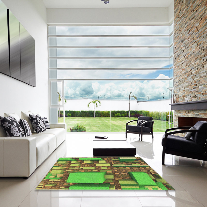 Tapis vert/brun à motifs, Carré 5 pi