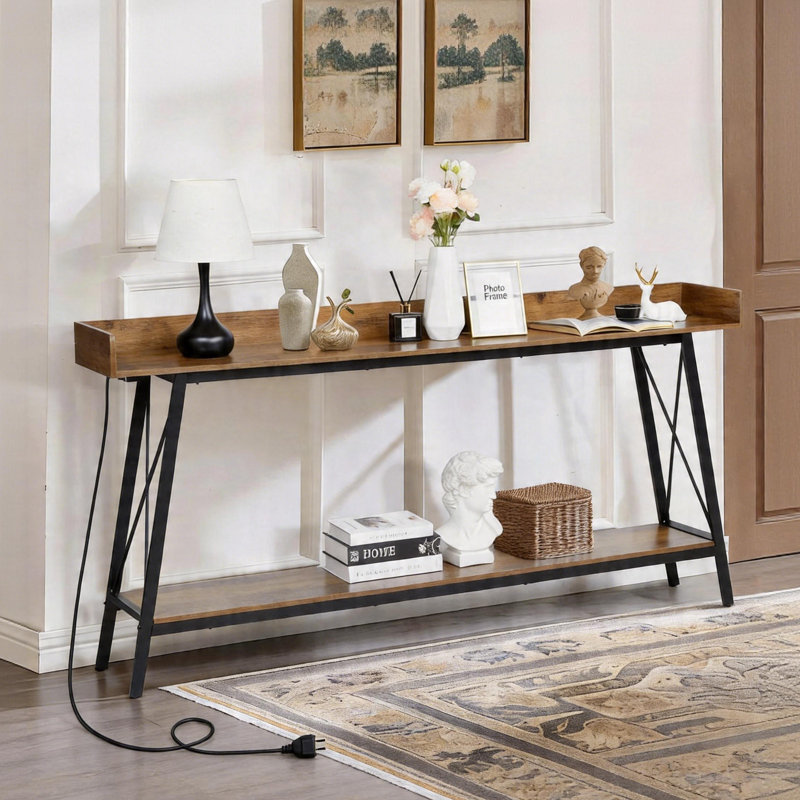 Extra Long Console Table With 2 Power Outlets & USB Ports, Brown Wood/Black