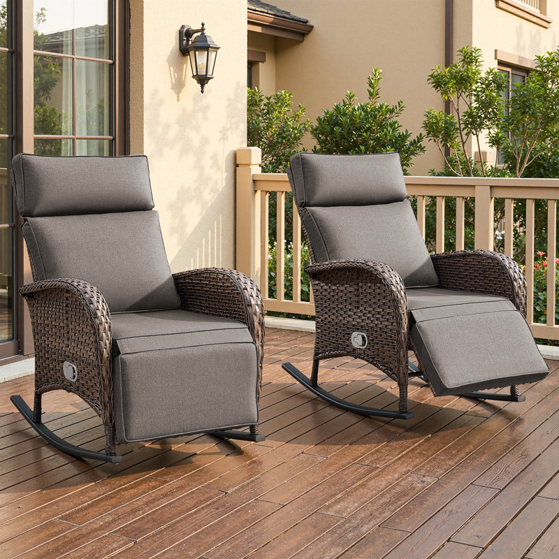 Fauteuil inclinable d'extérieur en osier à bascule avec dossier réglable et coussins (ensemble de 2), Gris