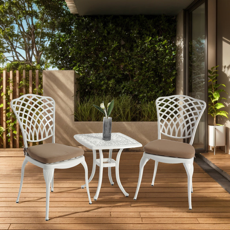 3-Piece Outdoor Bistro Set - Cast Aluminum Patio Table and Chairs with Cushions, White