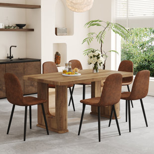 64.5" Farmhouse Wood Dining Table Set With Decorative Pedestal Legs & Cushioned Chairs