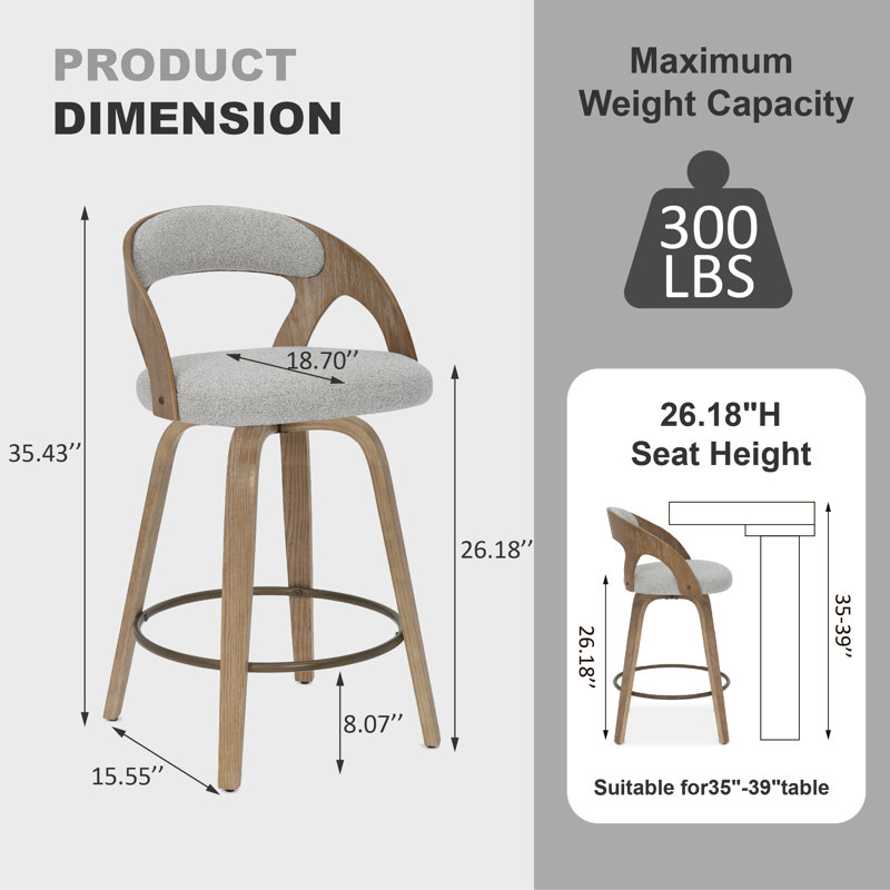 Curved Upholstered Swivel Counter Stools — Mid-Century Modern Design, Gray