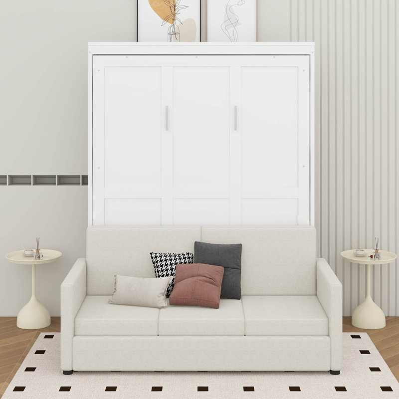 Lit escamotable double pleine grandeur avec coussin, Double, Blanc