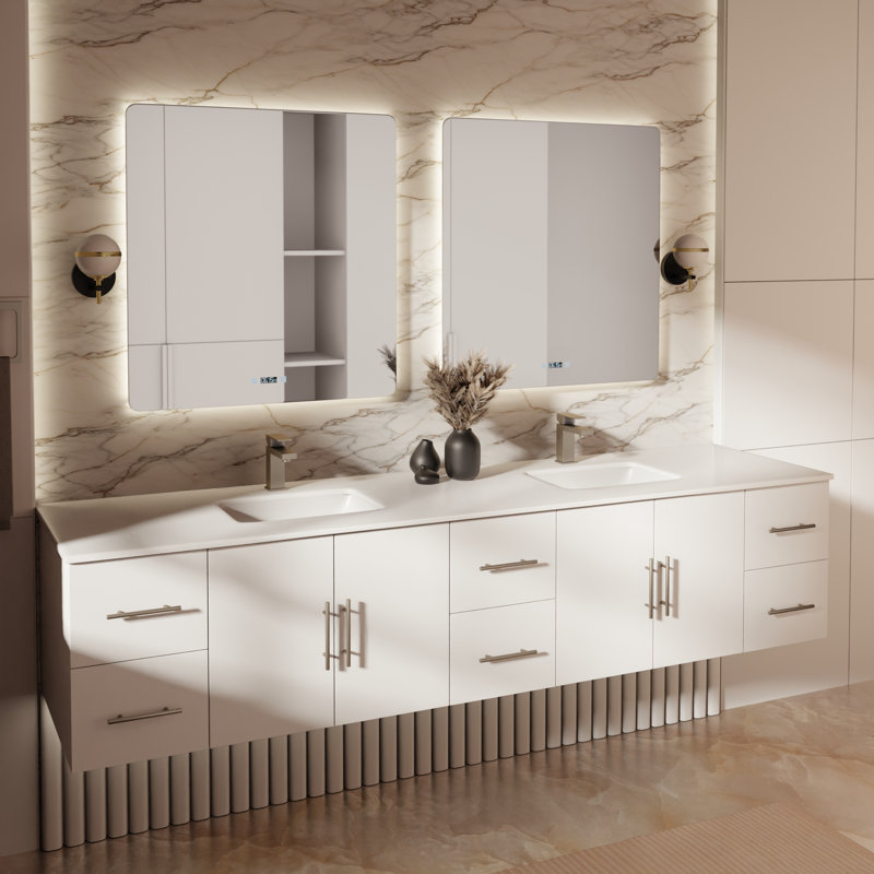 Ensemble de meuble-lavabo double mural 84 "avec miroir Geneva, Marine, Quartz blanc