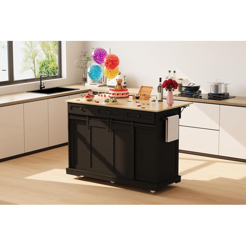 Grand chariot pour îlot de cuisine roulant avec prise de courant, 3 tiroirs, abattant, rangement pour poubelle, support à épices et porte-serviettes, table mobile de 54 po