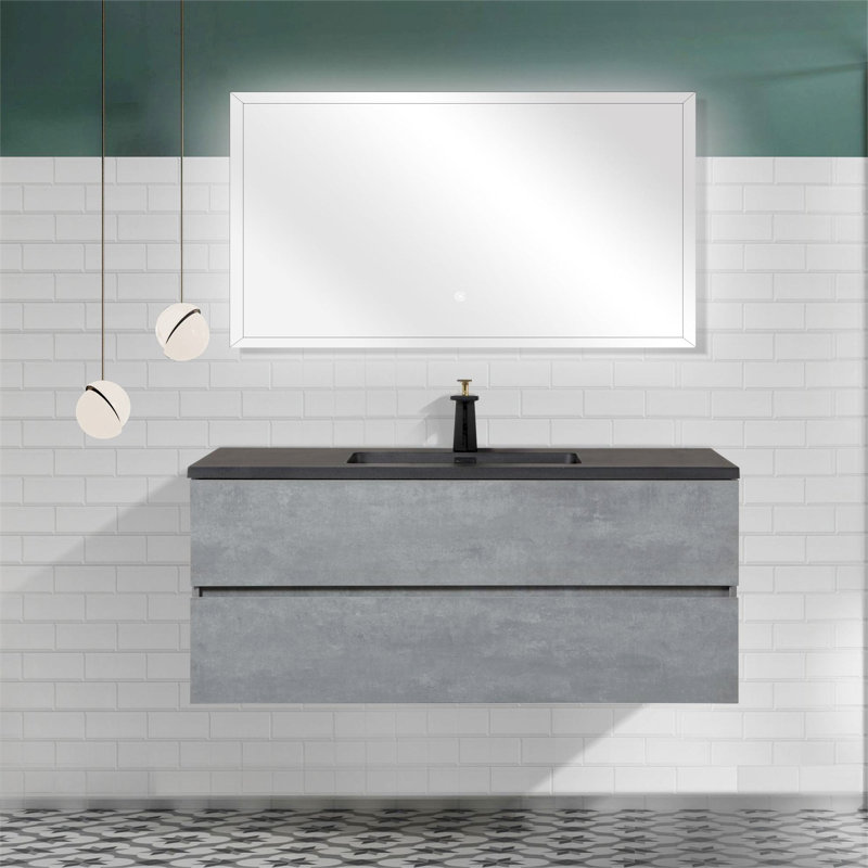 Meuble-lavabo mural simple 47 po avec comptoir en quartz Lecio, Noir mat
