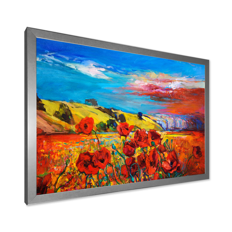 «Blossom Red Poppy Fieldsunder a Blue Sky», peinture sur toile, H 16 po x l 32 po x p 1 po, Cadre photo argenté