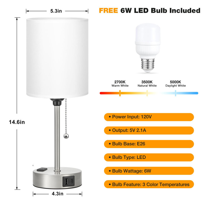 Petite lampe de table de chevet pour la chambre à coucher, Argent argent, Blanc