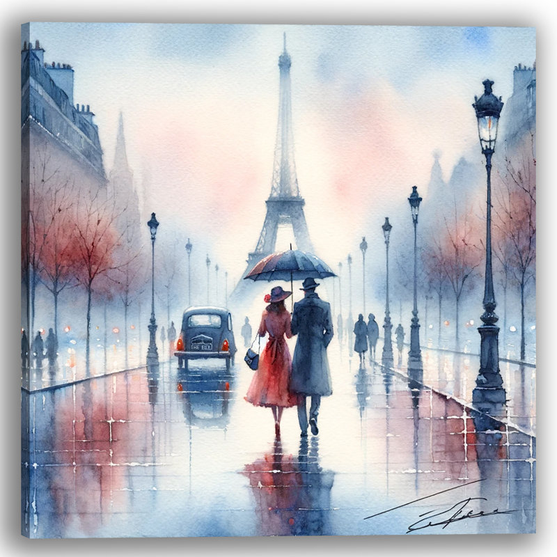 Jour de pluie rétro de Paris avec voiture classique et tour Eiffel sur toile, H 40 po x l 40 po x P 1,5 po