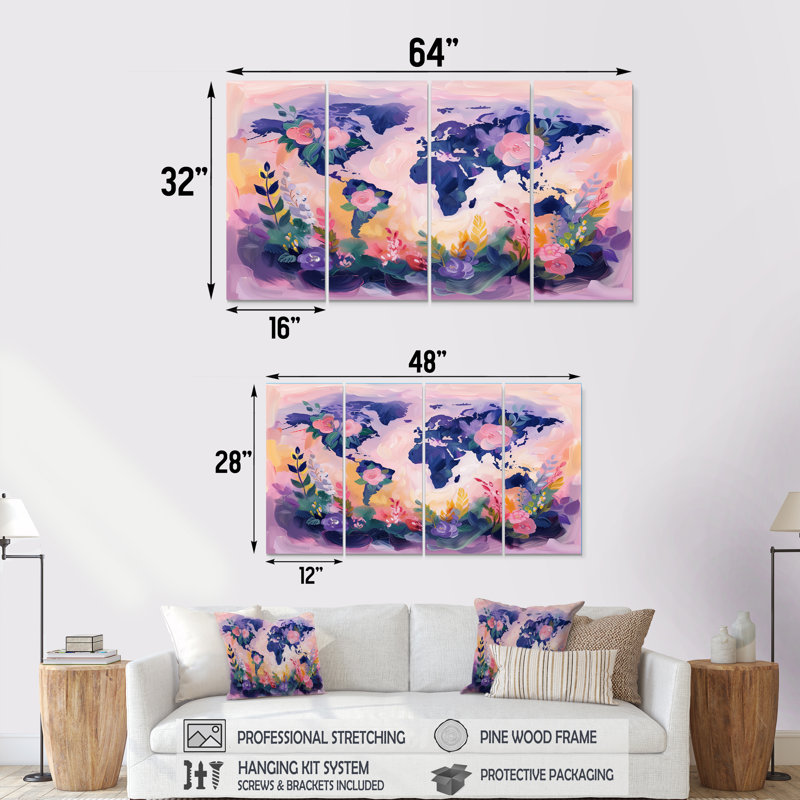 Pink Purple World Map Blooms I - World Map Wall Art Set, 32" H x  64" W