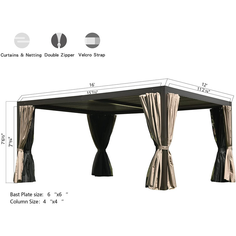 Aluminum Pergola Gazebo with Louvered Roof Canopy, 16 ft x 12 ft, Brown