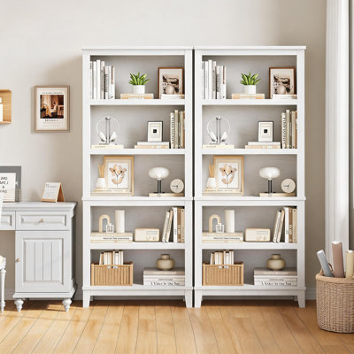Set of 2 Tall Modern 5-Tier Bookcases – Narrow Bookshelves with Adjustable Shelves & Wooden Legs – Farmhouse Office Organizer – White