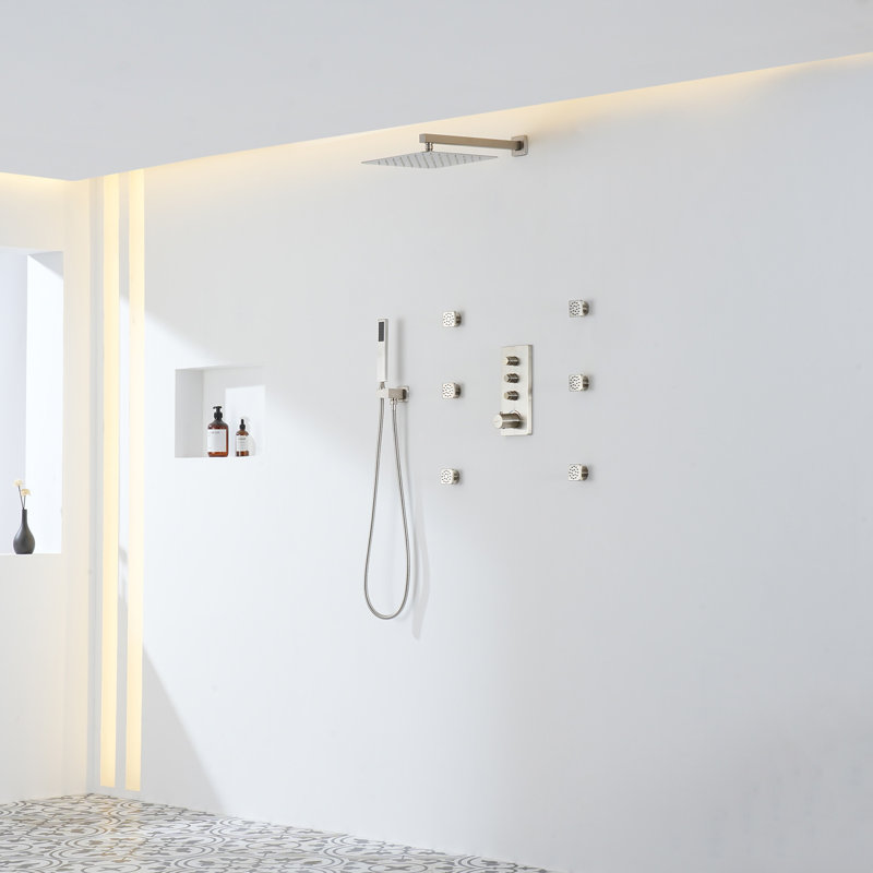 Système de douche thermostatique mural 3 fonctions à 3 fonctions 12 pouces, Nickel brossé