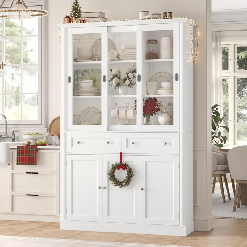 Grand garde-manger de 73,5 po de hauteur avec portes et tiroirs coulissants en verre, rangement de cuisine résistant à l'eau