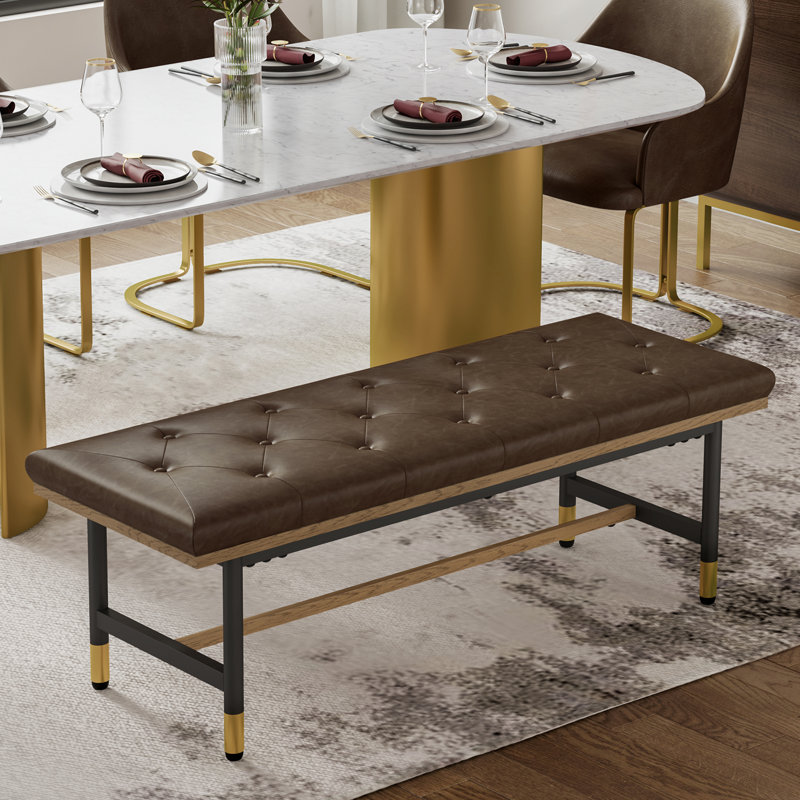 Banc rembourré en cuir l 48,43 po avec pieds en métal, Dark Brown