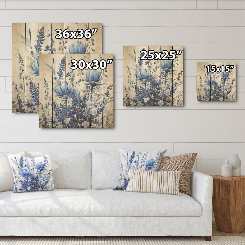 «Blue Bonnets Floral Collage - Blue Bonnets, art mural sur bois de pin naturel, H 36 po x l 36 po