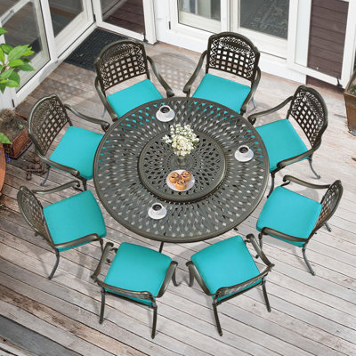 Ensemble de salle à manger 10 pièces pour l'extérieur, ensemble de jardin en aluminium coulé résistant aux intempéries avec 8 chaises rembourrées, table de salle à manger ronde de 61 po avec plateau tournant amovible de 2 po, trou pour parasol 2 p