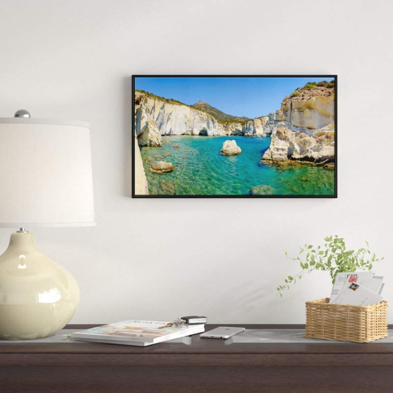 « turquoise water beach panorama », reproduction de photo sur toile tendue encadrée, H 28 po x l 60 po x P 1,5 po, Cadre noir