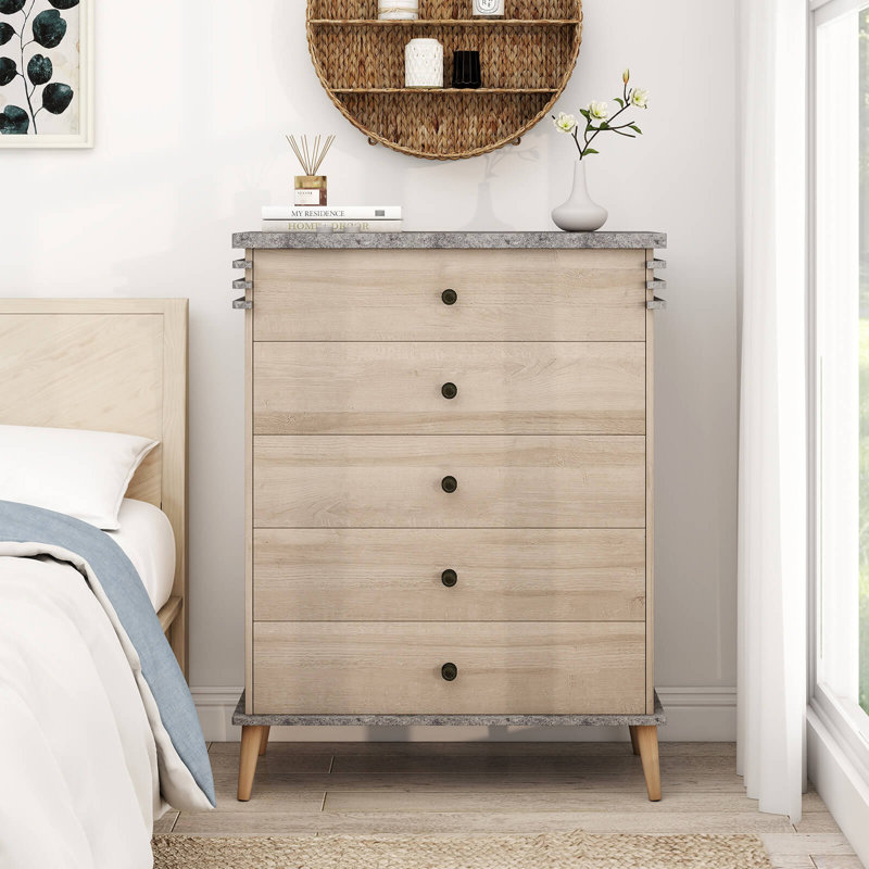 5-drawer Dresser Farmhouse Chest Of Drawers With Rubber Wood Legs Anti-tipping Kit