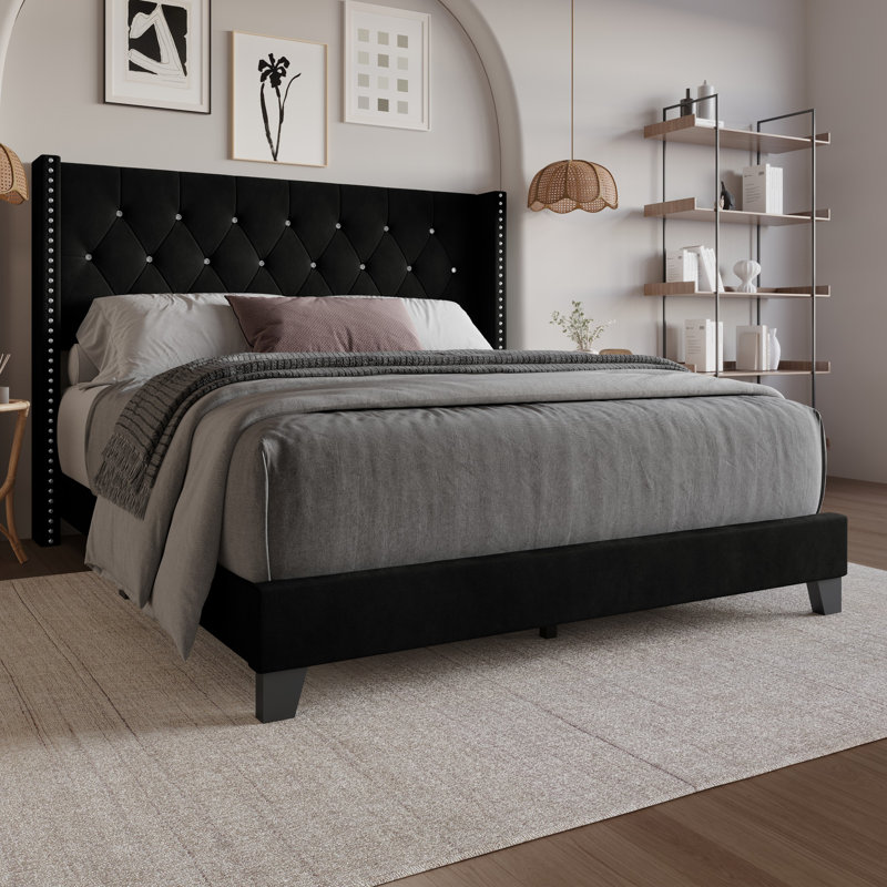 Elinah King Tufted Upholstered Wingback Panel Bed, Black, King
