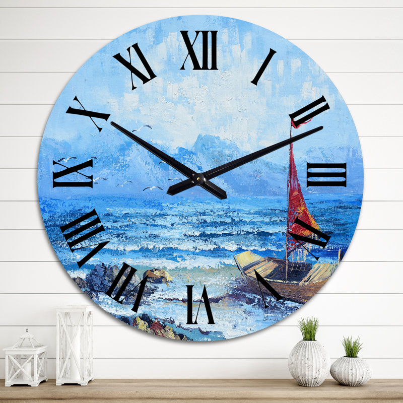 Voilier rouge sur un océan bleu - horloge murale nautique et côtière, Moyen