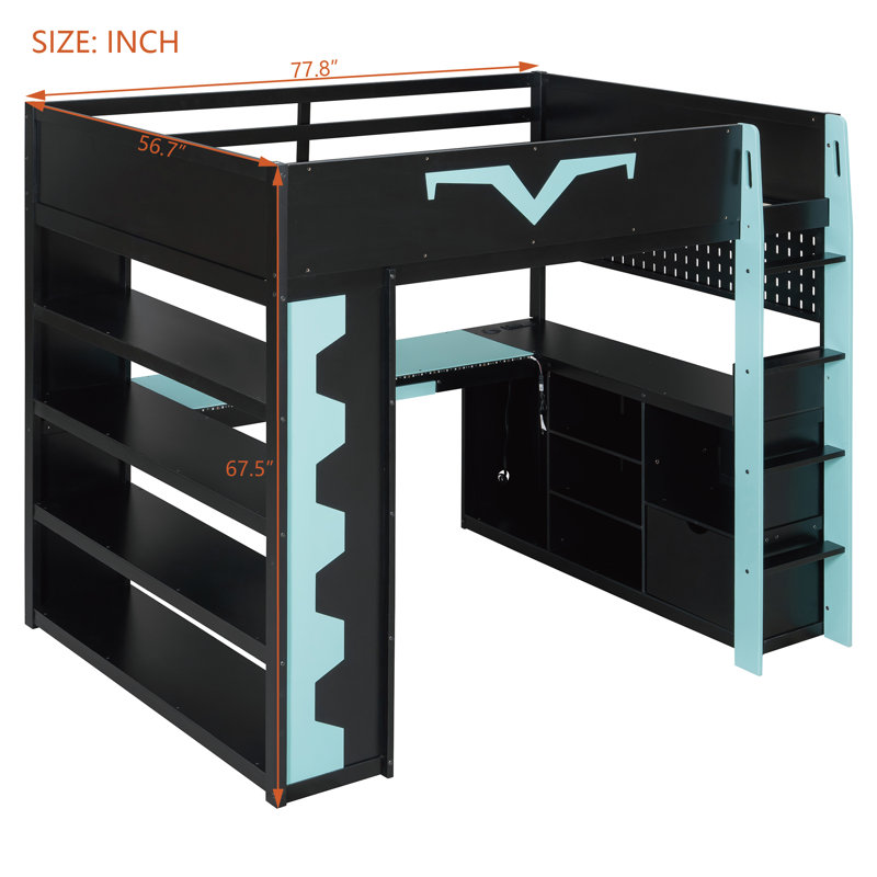Full Size Gaming Loft Bed with Desk, RGB LED Lights, Power Outlet, Bookshelf, Pegboard, Keyboard Tray & Storage Drawer, Blue