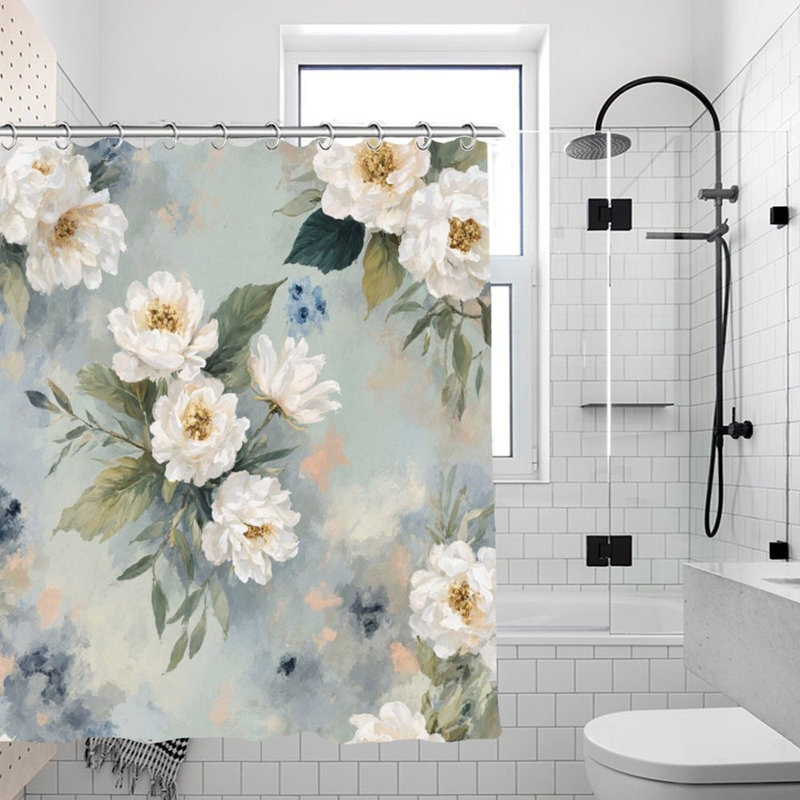 Élégants rideaux de douche floraux blancs pour salle de bain, 71 x 71, White Floral 2