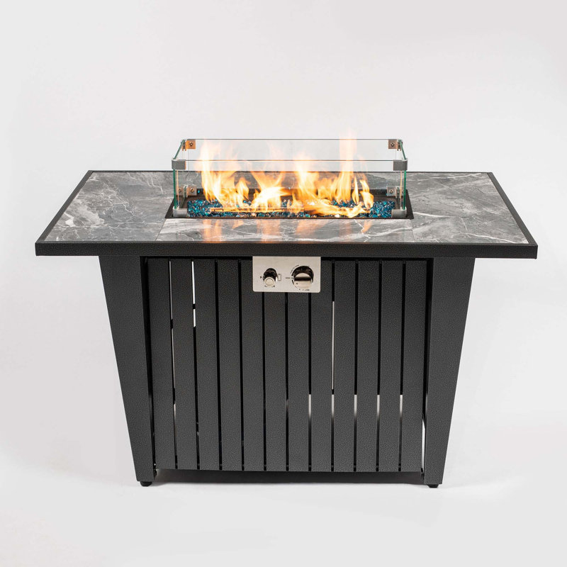 Table de foyer d'extérieur au propane avec perles de verre, pare-vent en verre