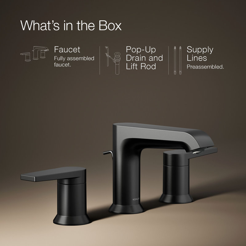 Kohler Hint Widespread Bathroom Faucet with Pop-Up Drain Assembly, 3 Hole 2-Handle Bathroom Sink Faucet, 1.2 gpm, Matte Black