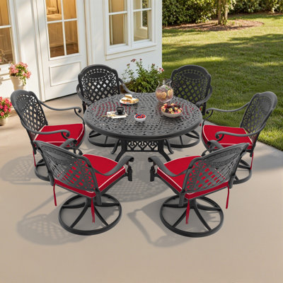 7-piece cast aluminum set - 48.03" round table & 6 swivel chairs, premium outdoor design in black frame