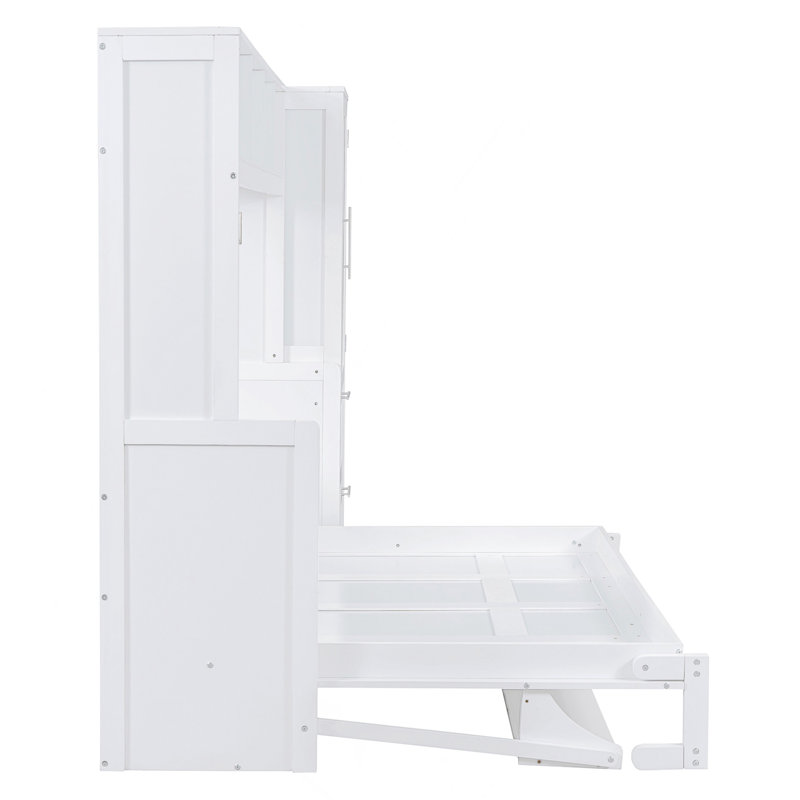 Grand lit escamotable mural avec placard et tiroirs, grand lit, blanc
