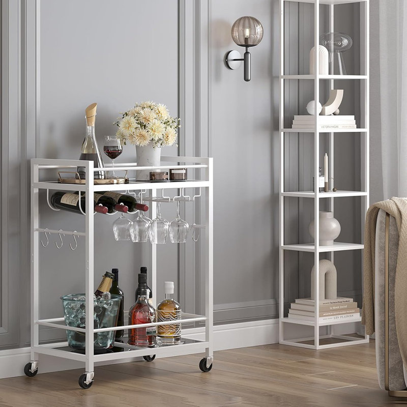 Chariot de service de cuisine roulant, four à micro-ondes et chariot à boissons avec support à vin et porte-verre, étagère de rangement mobile pour la cuisine - blanc