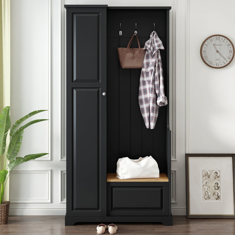 Meuble d'entrée avec banc rabattable, 90,4 cm (L) x 38,6 cm (P) x 178,8 cm (H), MDF, monobloc, meuble à chaussures autoportant, noir, 3 crochets et étagères réglables
