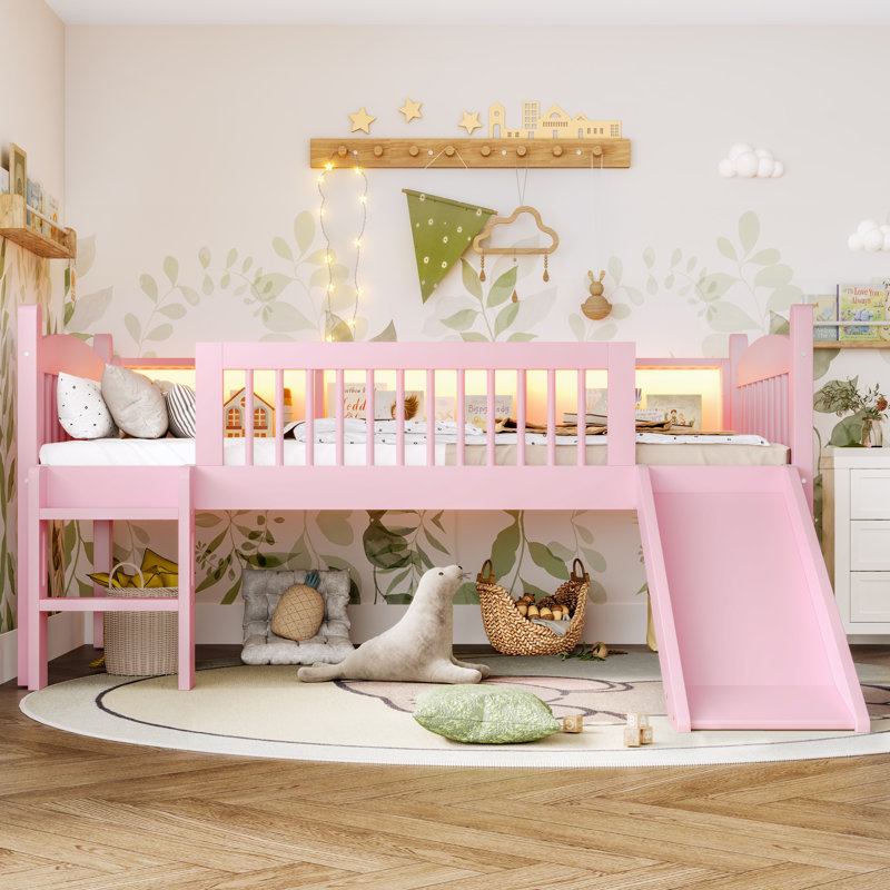 Lit mezzanine avec tablettes de rangement, bois massif et lumières DEL, Twin XL, Pink