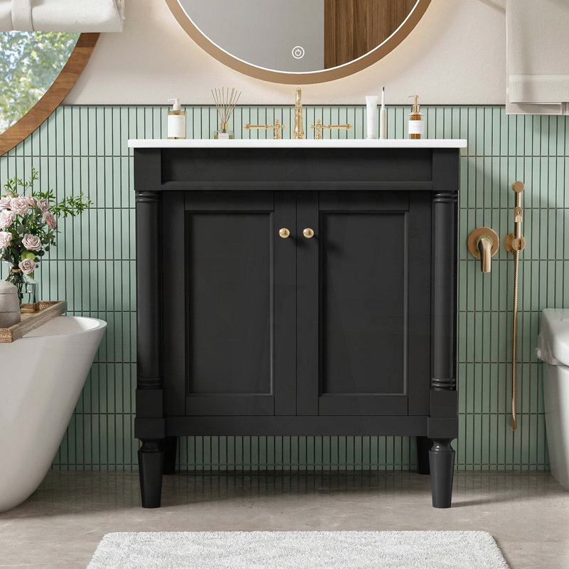 Meuble-lavabo avec lavabo en céramique, deux portes à fermeture douce, pieds en bois massif et tablette réglable, noir, Black