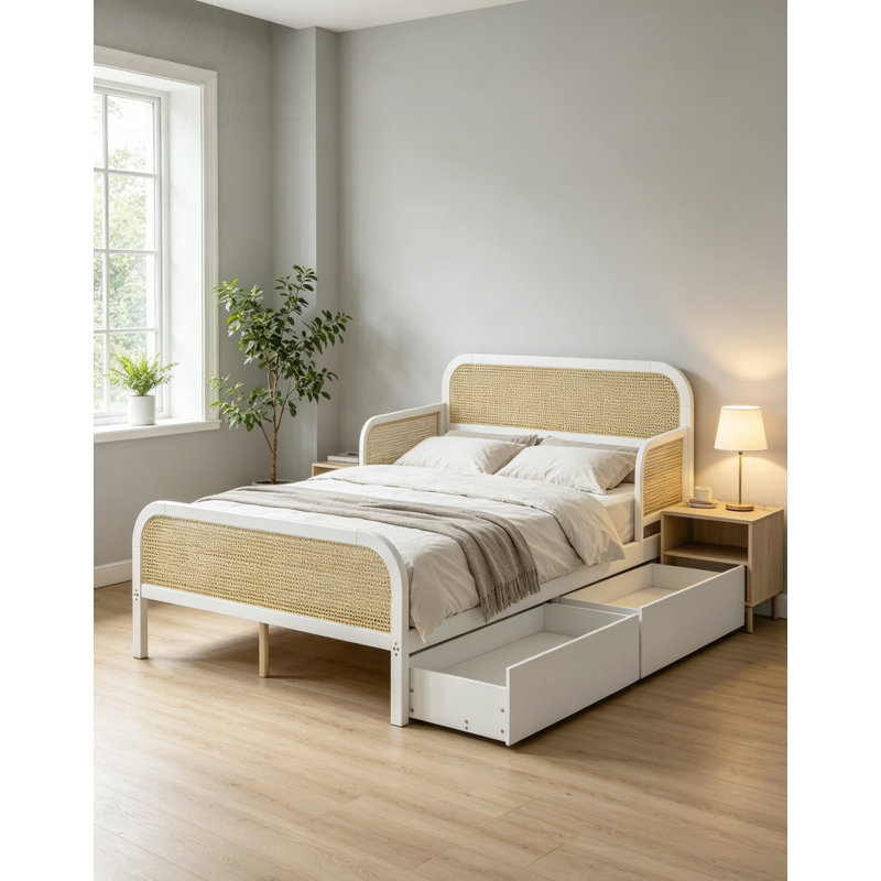 Lit plateforme double en rotin et bois avec 2 tiroirs de rangement, tête de lit et pied de lit pour enfants, White