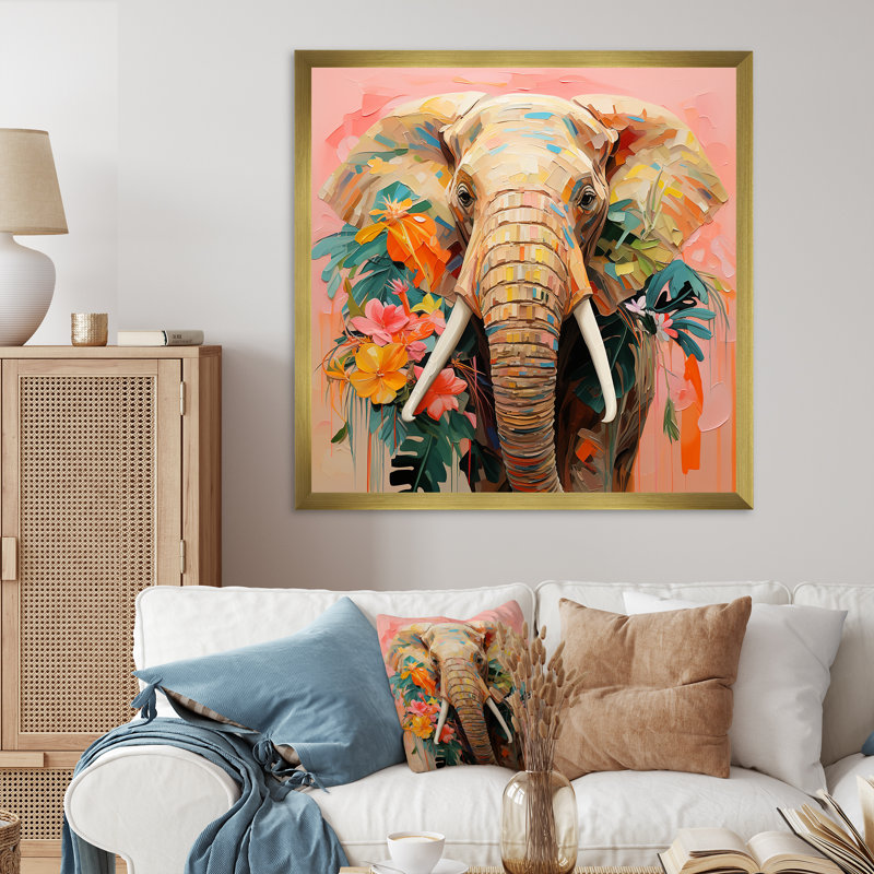 Éléphant gris abstrait, art mural d'éléphant IV, Cadre doré simple, H 36 po x l 36 po x P 1,5 po