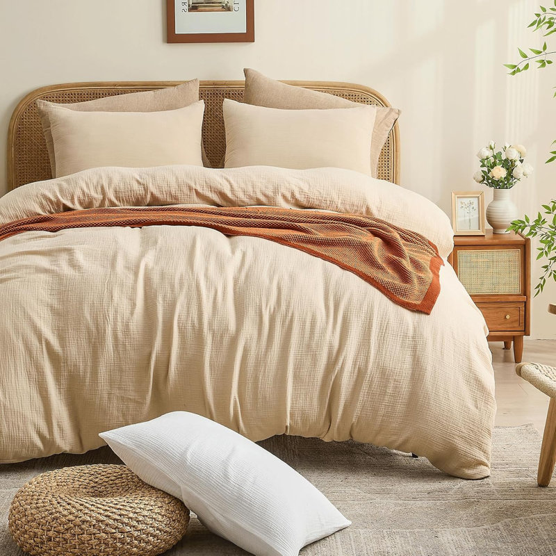 Housse de couette en mousseline de coton grand format 100% coton biologique à texture douce, housse de couette tissée pour ensemble de 3 pièces toutes saisons (grand lit, lin)