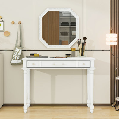 3-Drawer Wooden Makeup Desk with Mirror