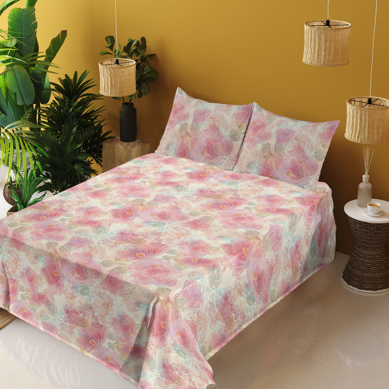 Ambesonne Watercolor Botany Sheet Set 4 Pcs Retro Boho Bloom, California King Sheet Set with 2 Pillowcases