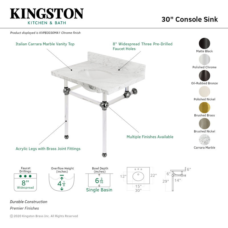 Comptoir de meuble-lavabo Templeton de 30 po Kingston avec pieds en acrylique transparent (8 po, 3 trous)