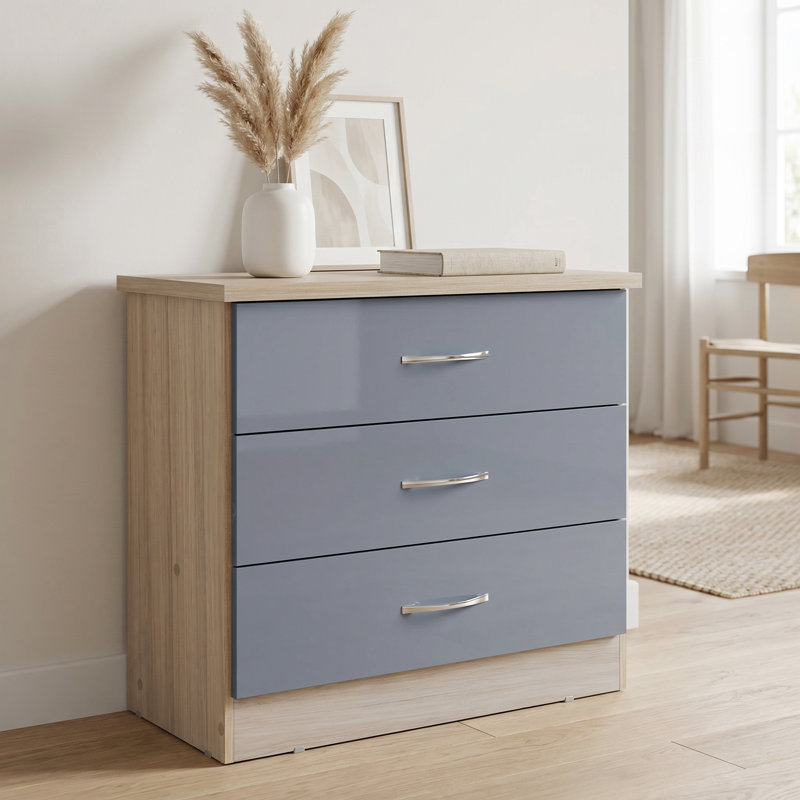 Cascio 3 Drawer Chest Of Drawers, Grey Gloss/Light Oak Effect Veneer
